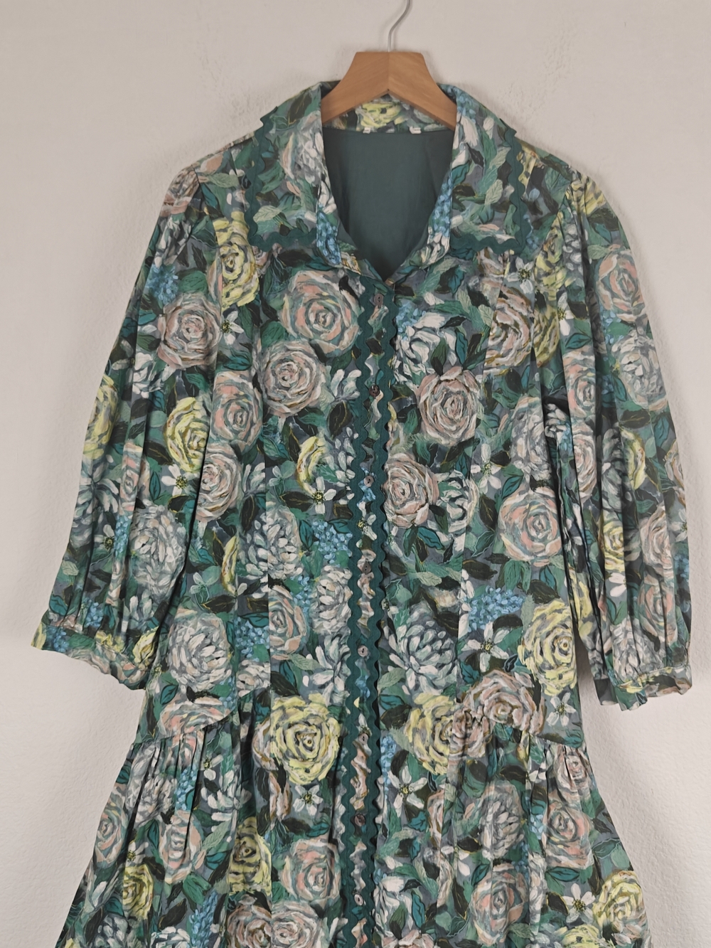 Cottagecore Green Floral Cotton Drop Waist Mini Dress Romantic Prairie Sz LG - Picture 10 of 16